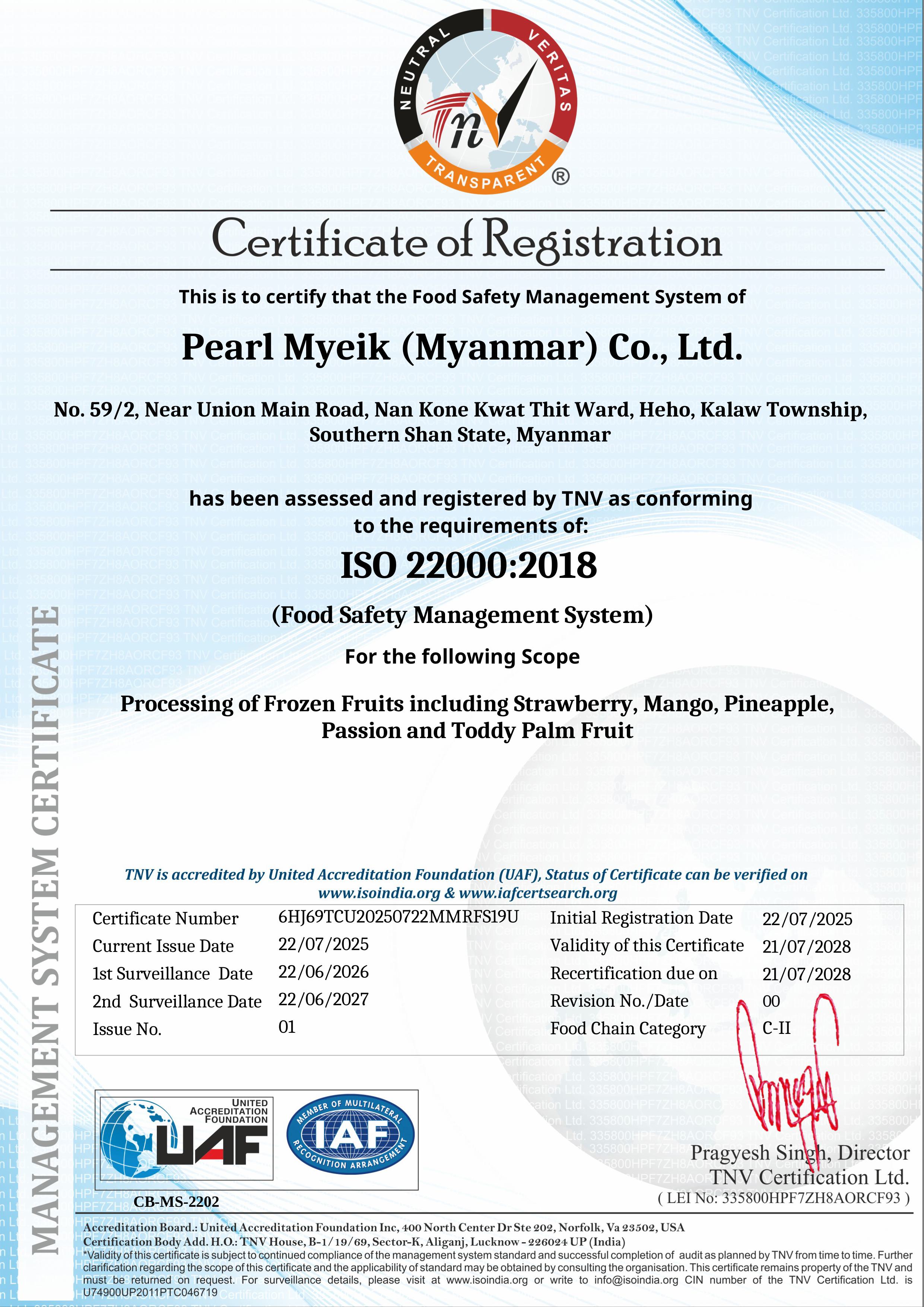 ISO 22000:2018 Certificate of Registration
